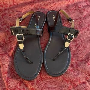 Coach patent leather sandals in burgundy